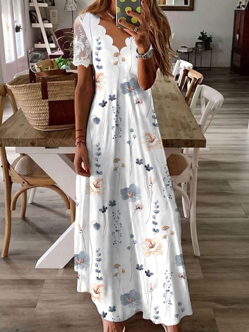 Vestido casual de flores blanco con escote en pico y manga corta