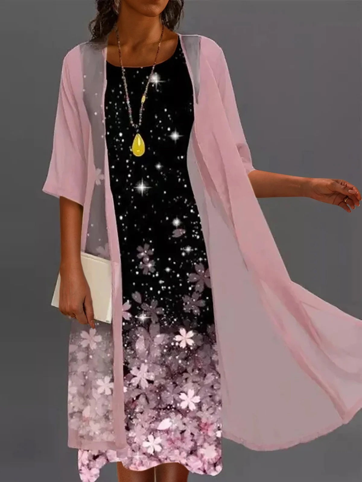 Vestido midi de dos piezas de flores con cuello redondo