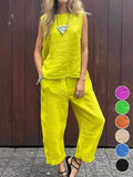 Conjunto casual de dos piezas holgado liso de algodón con bolsillos