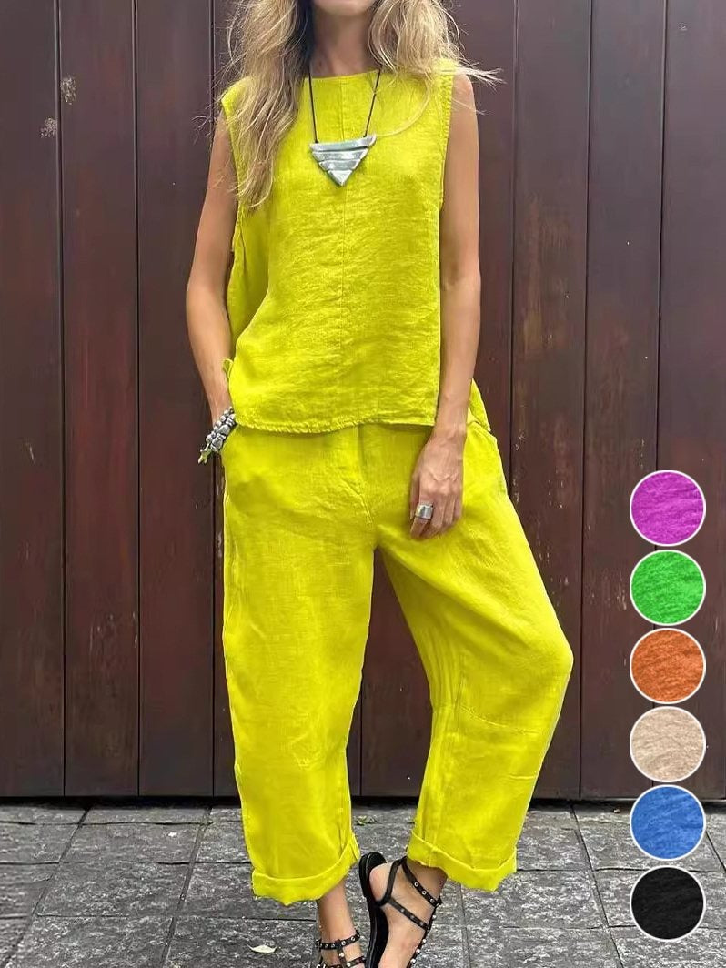 Conjunto casual de dos piezas holgado liso de algodón con bolsillos