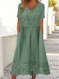 Vestido casual largo liso de encaje con cuello redondo y manga corta