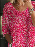 Blusa cómoda de flores con cuello redondo, sin mangas