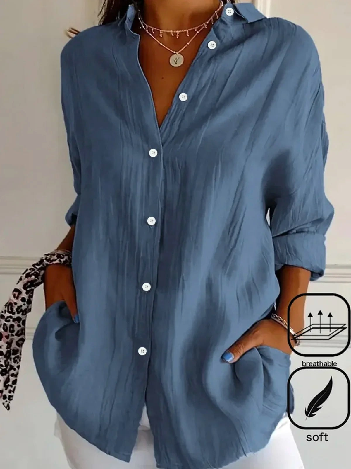 Camisa casual holgada lisa con cuello camisero