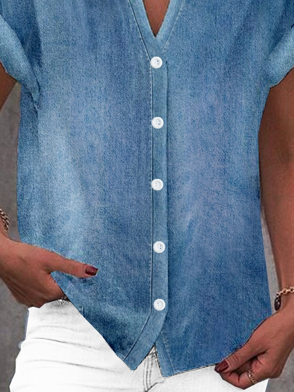 Camisa casual vaquera con cuello mao y manga corta — foto 3