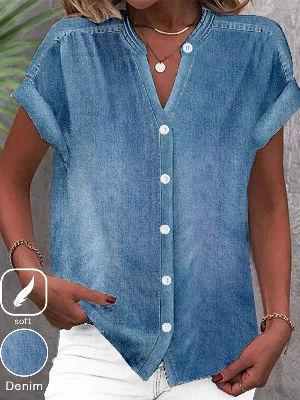 Camisa casual vaquera con cuello mao y manga corta