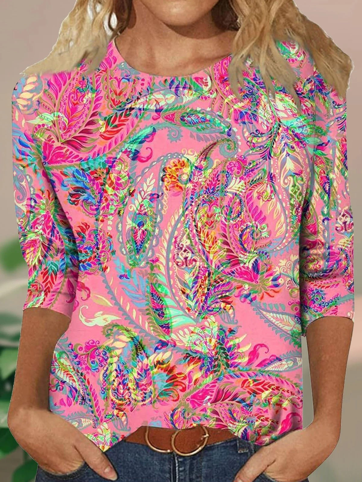 Camisa casual holgada étnica con cuello redondo