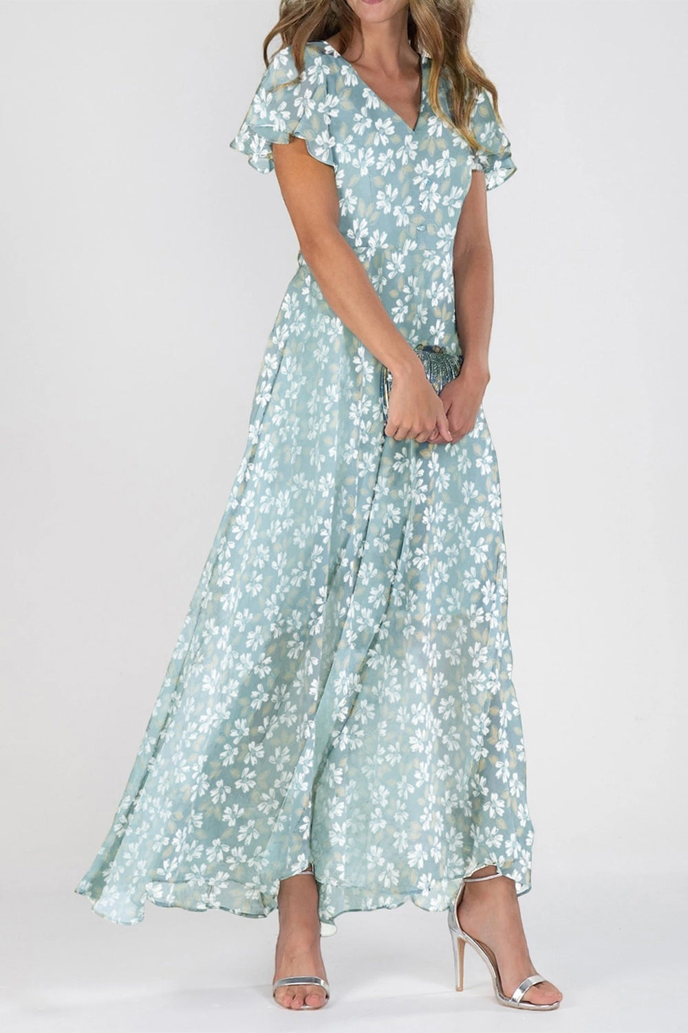 Vestido largo de flores de gasa con escote en pico y manga corta — foto 2