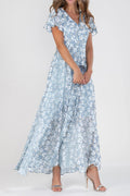 Vestido largo de flores de gasa con escote en pico y manga corta