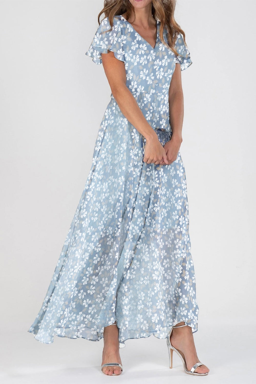 Vestido largo de flores de gasa con escote en pico y manga corta