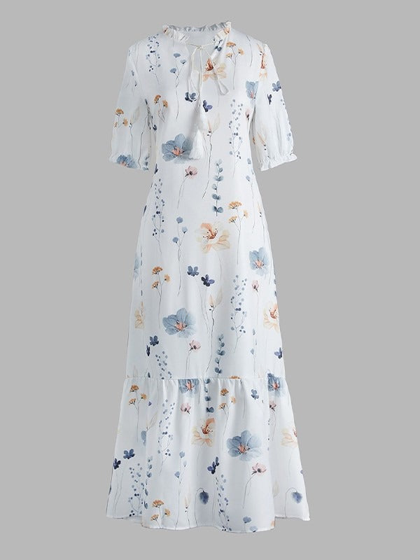 Vestido largo holgado de flores con escote en pico y manga francesa · Hilda — foto 3