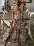 Vestido largo holgado de flores con escote en pico y manga francesa · Keila
