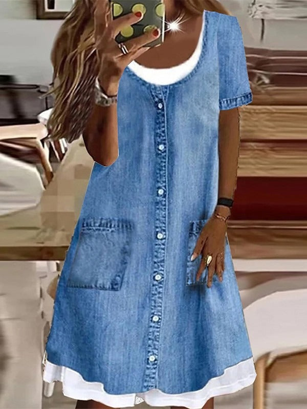 Vestido cómodo midi vaquero con escote en U, manga corta y botones