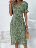 Vestido casual midi cruzado de flores con escote en pico y manga corta