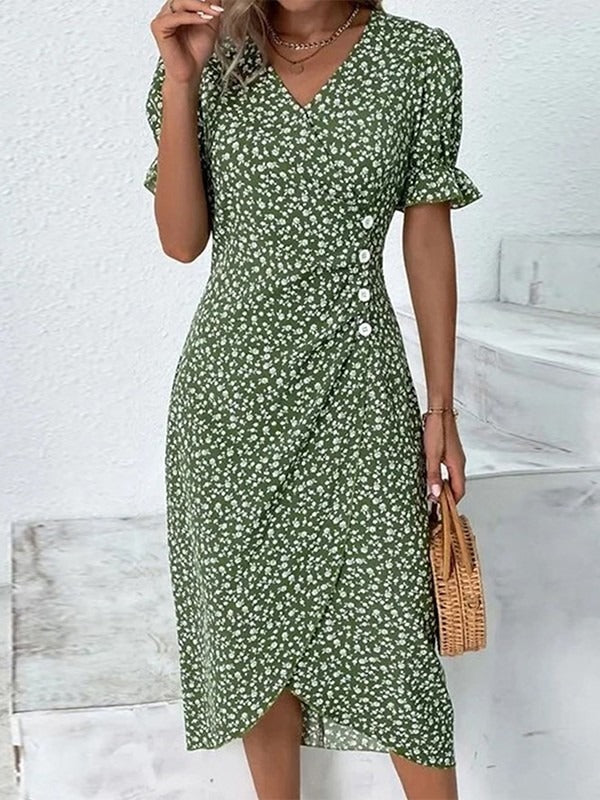 Vestido casual midi cruzado de flores con escote en pico y manga corta