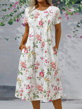 Vestido midi holgado de flores con cuello redondo y manga corta