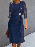 Vestido midi de dos piezas liso con escote en pico y manga tres cuartos
