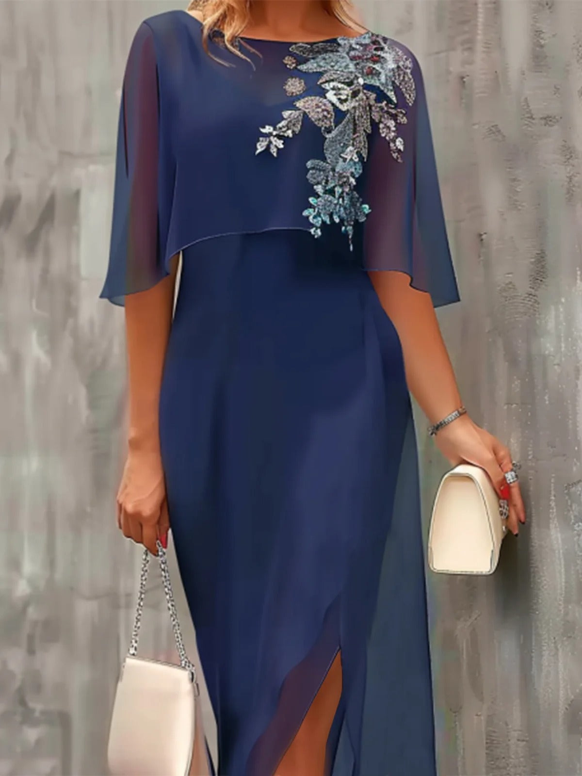 Vestido midi bordado de gasa con cuello redondo y manga francesa