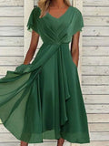 Vestido midi holgado de gasa con escote en pico y manga corta