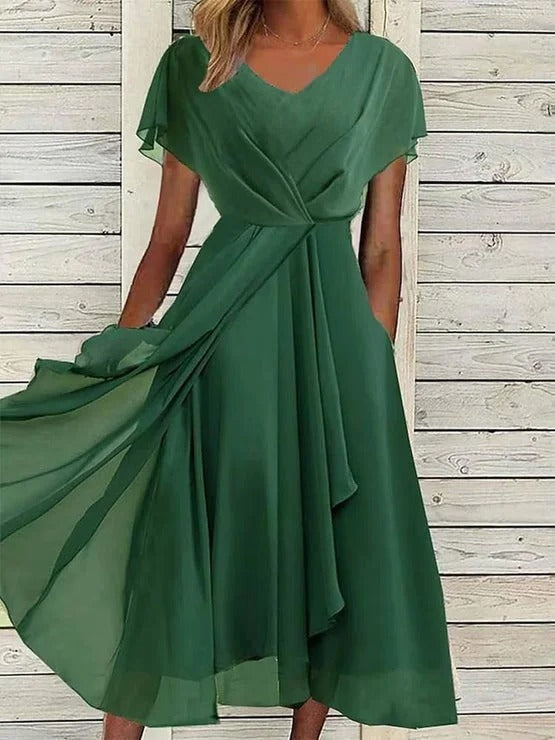 Vestido midi holgado de gasa con escote en pico y manga corta