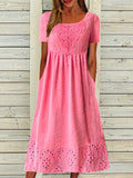 Vestido casual largo liso con cuello redondo y manga corta · Yael