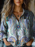 Top de fiesta étnico con cuello camisero y manga larga