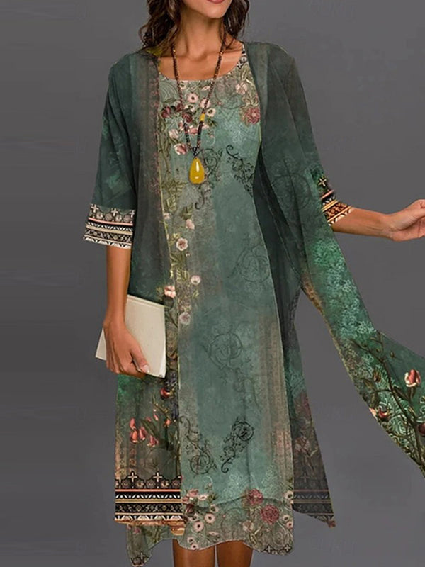 Vestido de dos piezas de flores con cuello redondo y manga tres cuartos