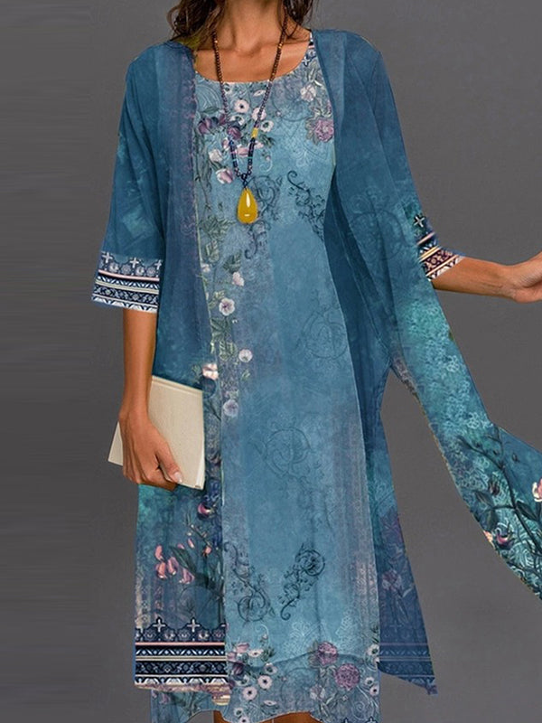 Vestido de dos piezas de flores con cuello redondo y manga tres cuartos