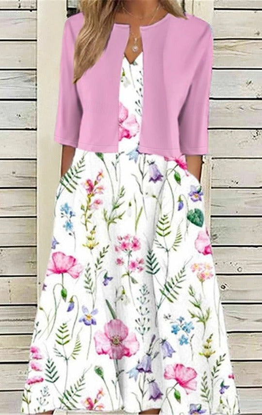 Vestido de dos piezas de flores con escote en pico y manga francesa