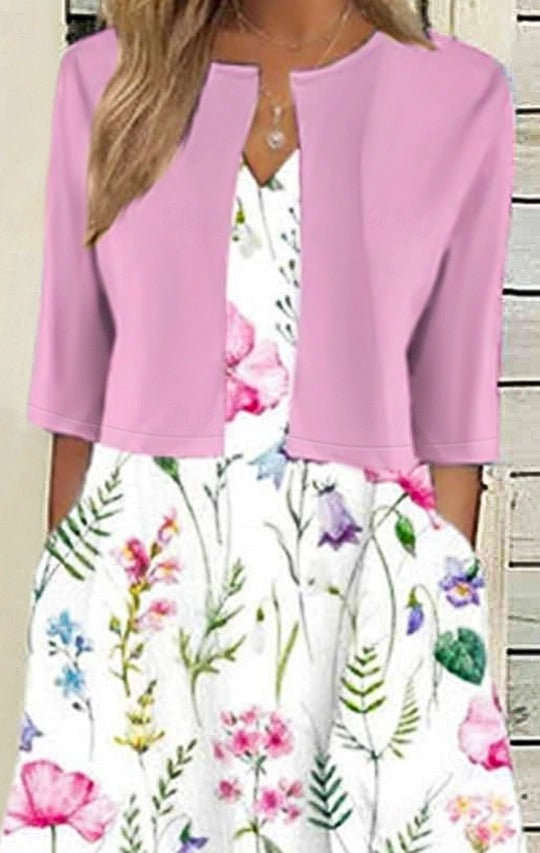 Vestido de dos piezas de flores con escote en pico y manga francesa