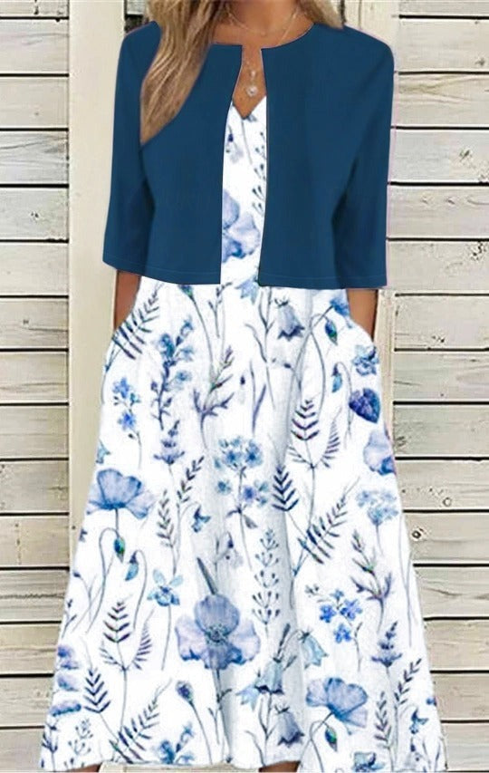 Vestido de dos piezas de flores con escote en pico y manga francesa