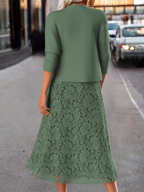 Vestido casual de dos piezas liso con cuello redondo y manga larga — foto 2