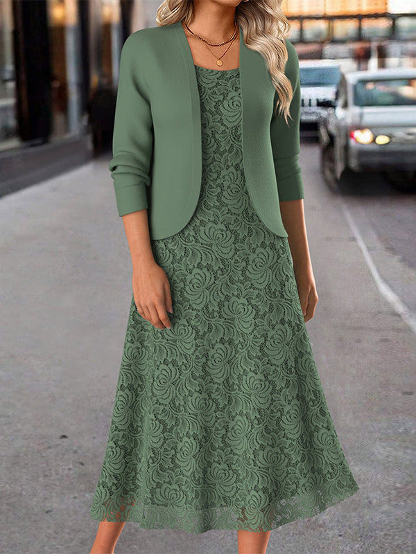 Vestido casual de dos piezas liso con cuello redondo y manga larga