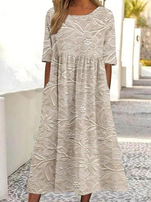 Vestido vintage largo de flores con cuello redondo y manga francesa