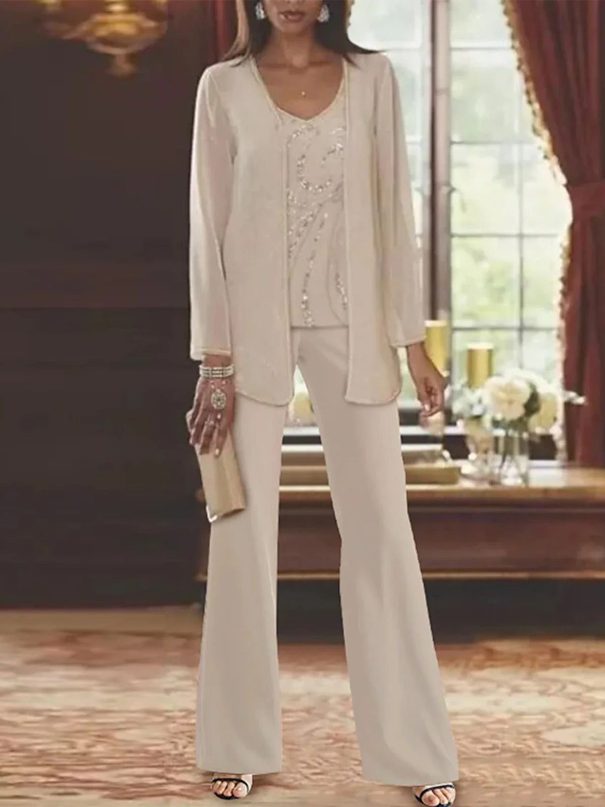 Traje de pantalón elegante holgado de gasa con escote en pico