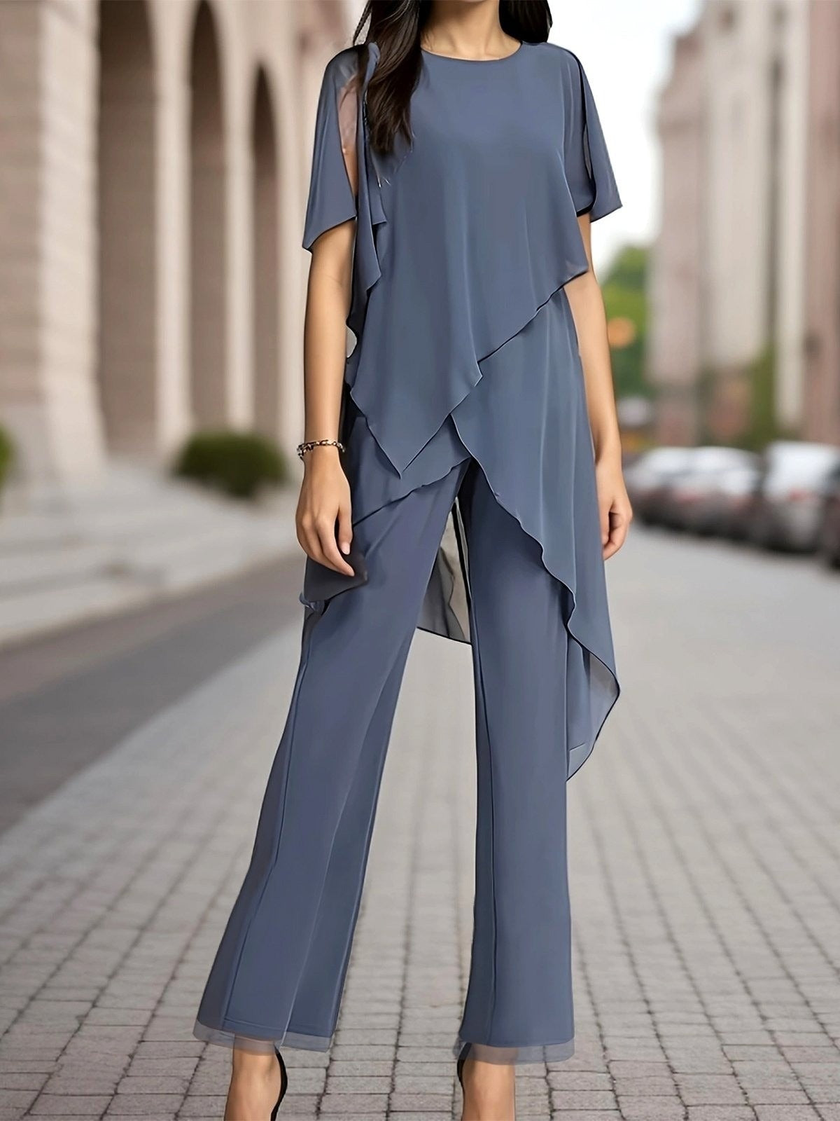 Conjunto elegante de dos piezas liso con manga francesa