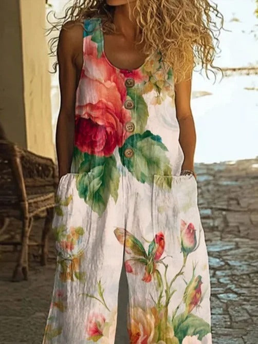 Mono casual holgado de flores con cuello redondo y bolsillos, sin mangas — foto 2