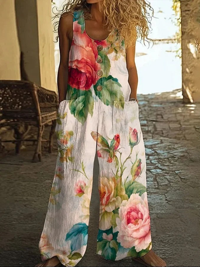 Mono casual holgado de flores con cuello redondo y bolsillos, sin mangas
