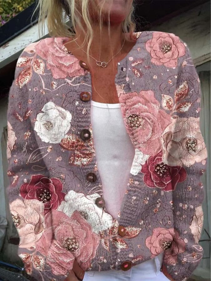 Cárdigan vintage de flores con manga larga y botones