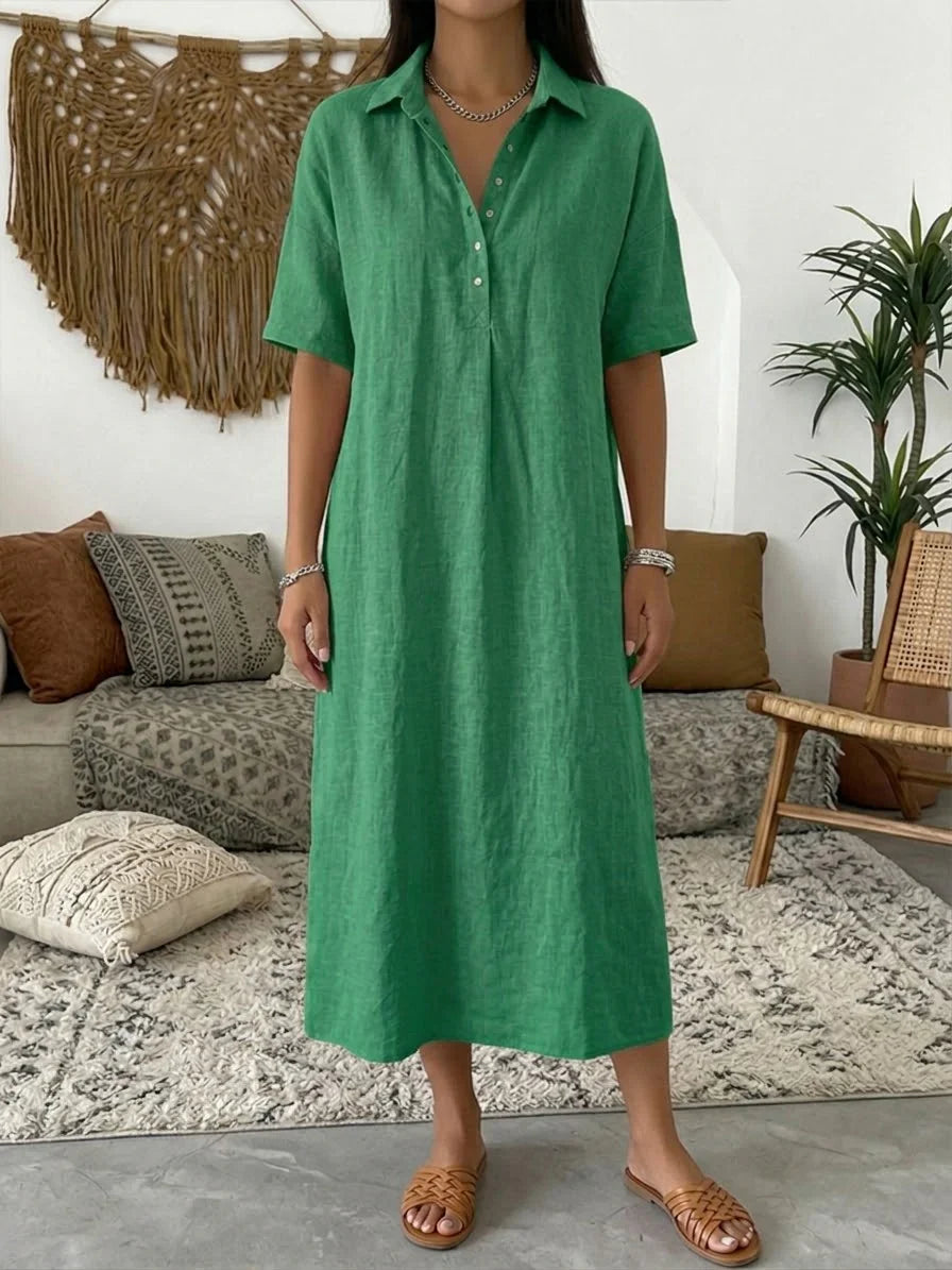 Vestido casual largo liso de algodón con manga corta — foto 2