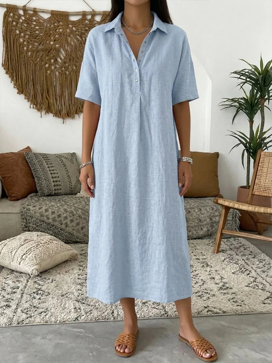 Vestido casual largo liso de algodón con manga corta — foto 3