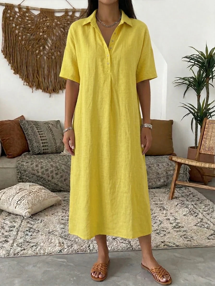 Vestido casual largo liso de algodón con manga corta — foto 4