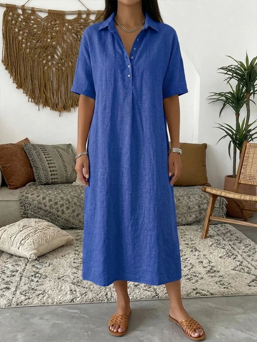 Vestido casual largo liso de algodón con manga corta — foto 5