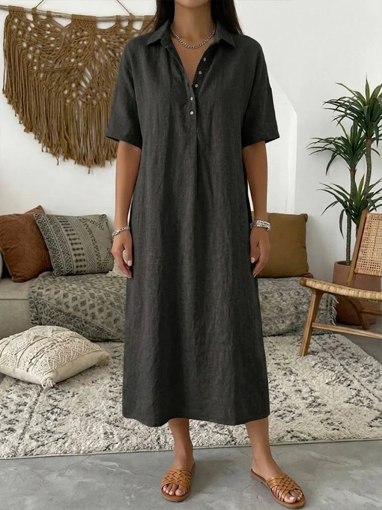 Vestido casual largo liso de algodón con manga corta — foto 7