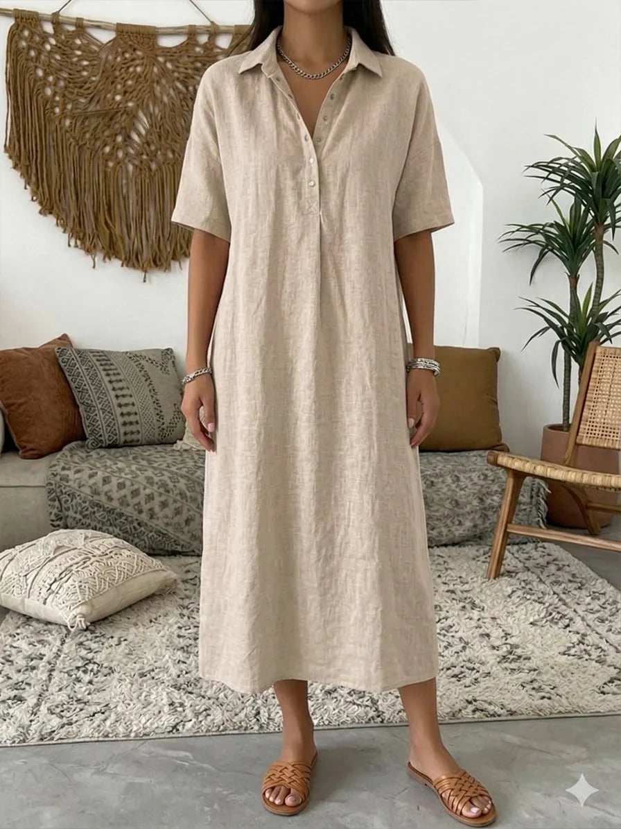 Vestido casual largo liso de algodón con manga corta — foto 8