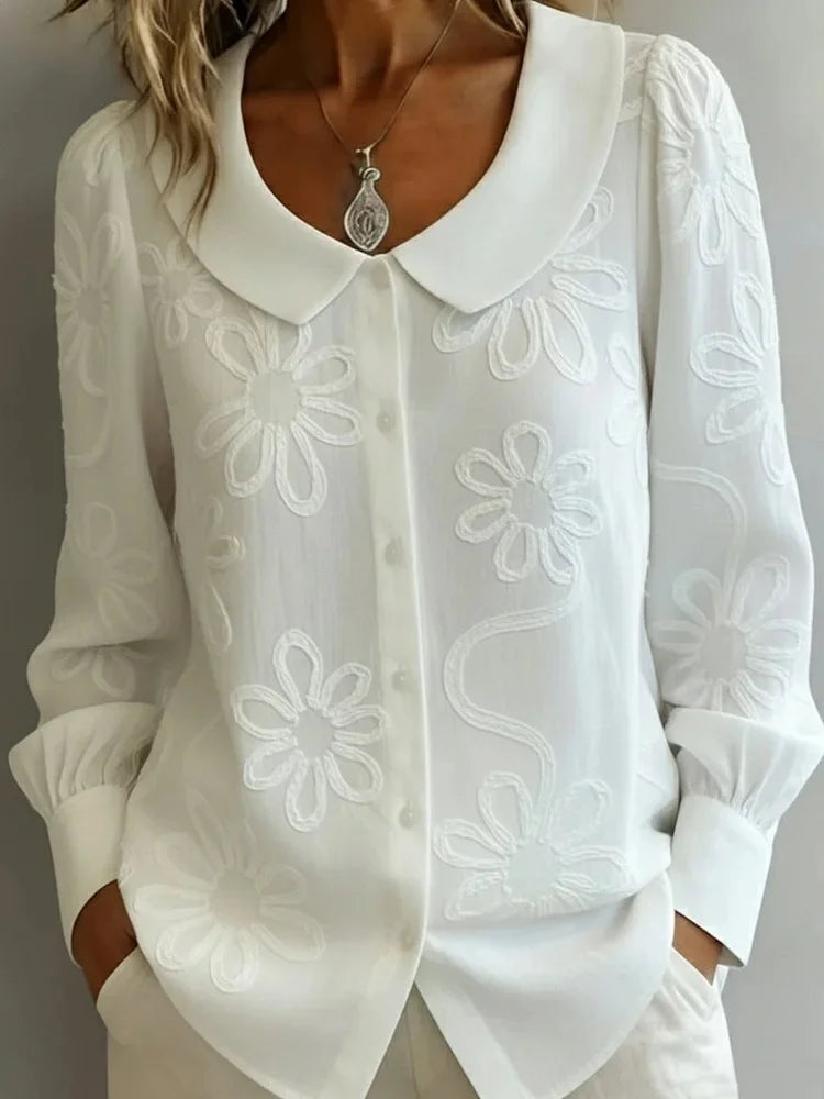 Top casual de flores con cuello redondo, manga larga y botones — foto 3