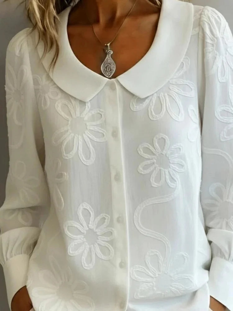 Top casual de flores con cuello redondo, manga larga y botones — foto 7