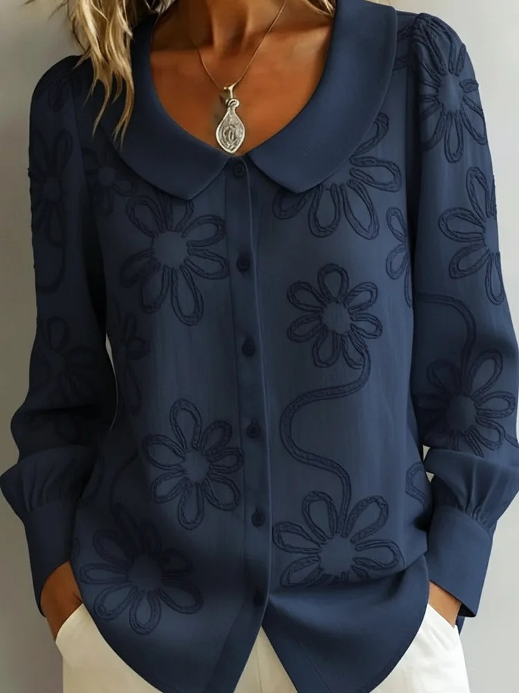 Top casual de flores con cuello redondo, manga larga y botones — foto 5
