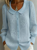 Top casual de flores con cuello redondo, manga larga y botones
