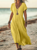 Vestido casual midi liso de algodón con escote en pico