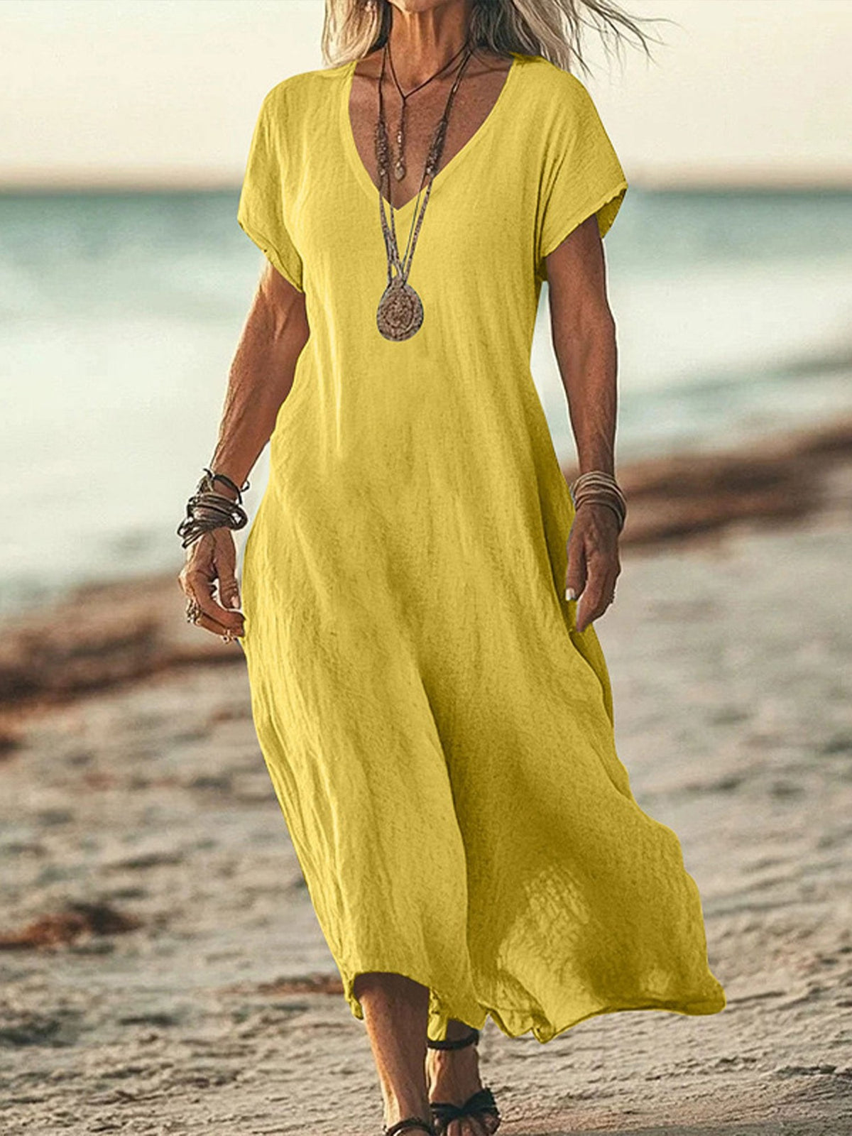 Vestido casual midi liso de algodón con escote en pico